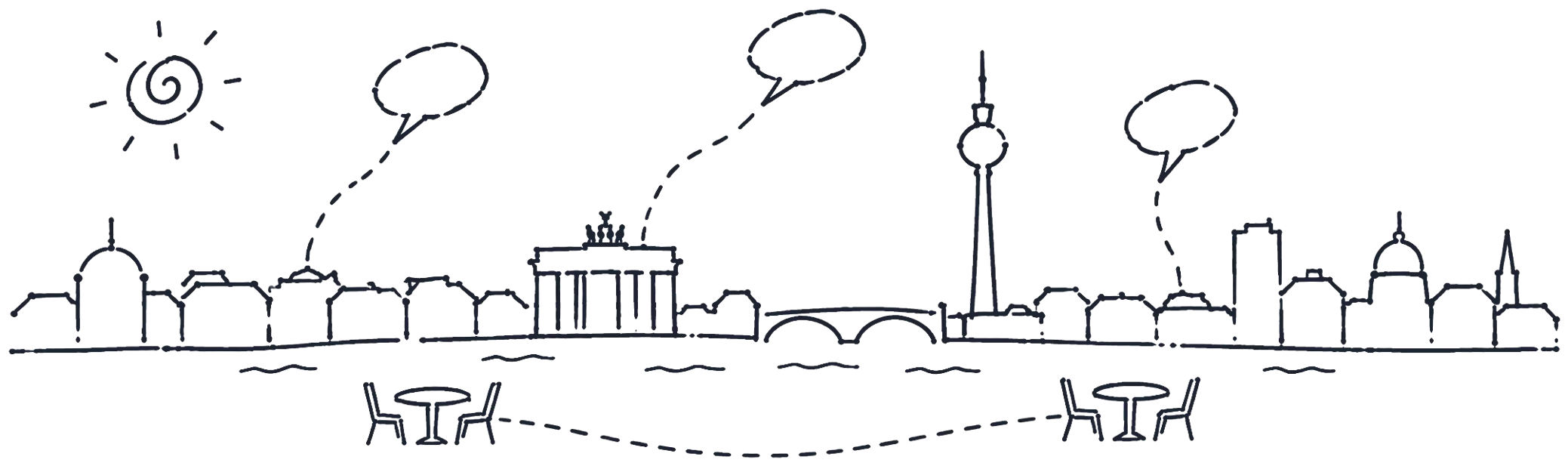 A drawing of Berlin: the Brandenburg Gate and the TV tower, two café tables and speech bubbles floating above