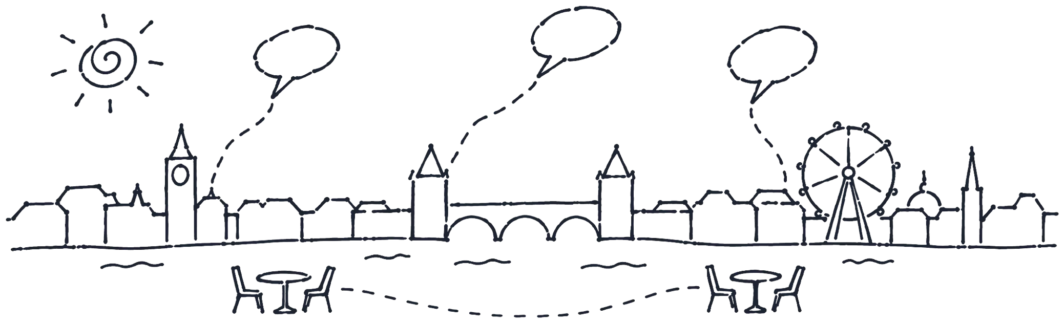 A drawing of London: Big Ben, the bridge and the big wheel, two café tables and speech bubbles floating above