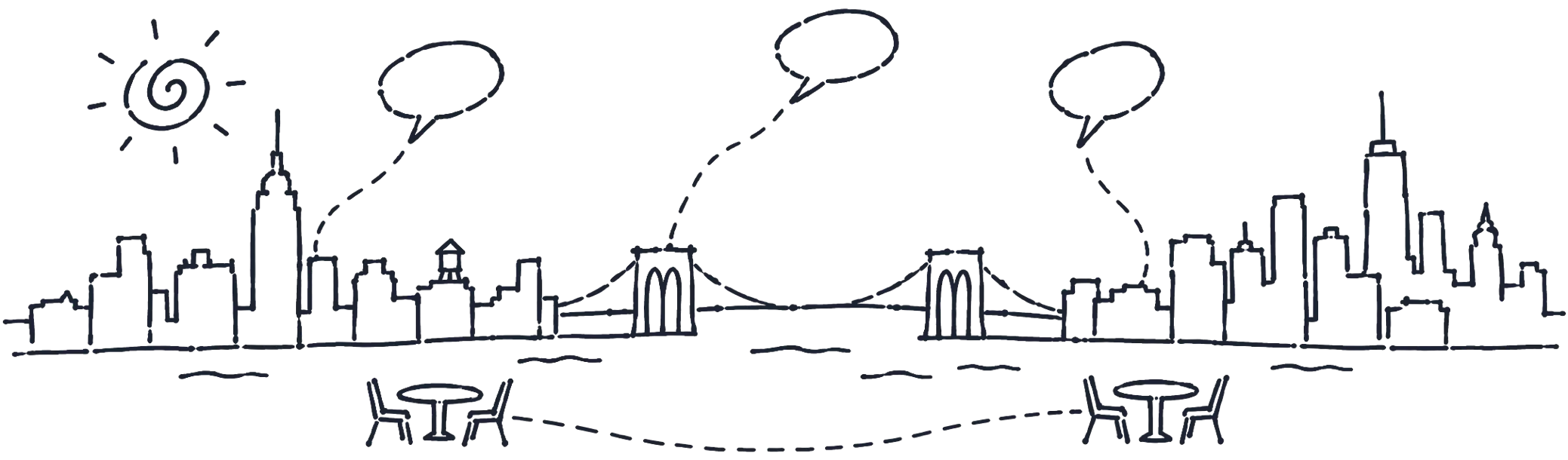 A drawing of New York: the Empire State, the Brooklyn Bridge and the water towers, two café tables and speech bubbles floating above