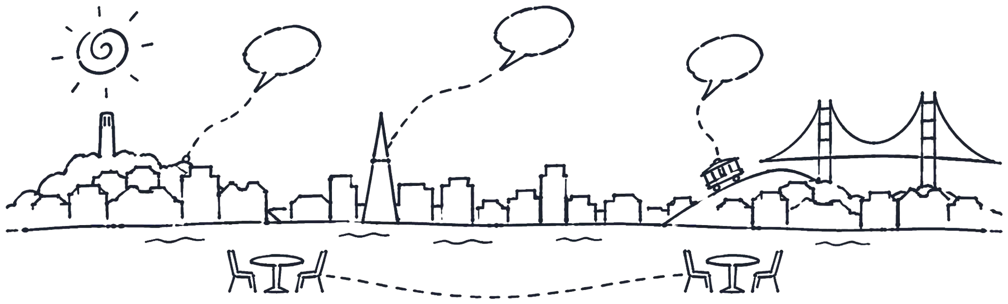 A drawing of San Francisco: hills, the pyramid, a cable car and the Golden Gate, two café tables and speech bubbles floating above