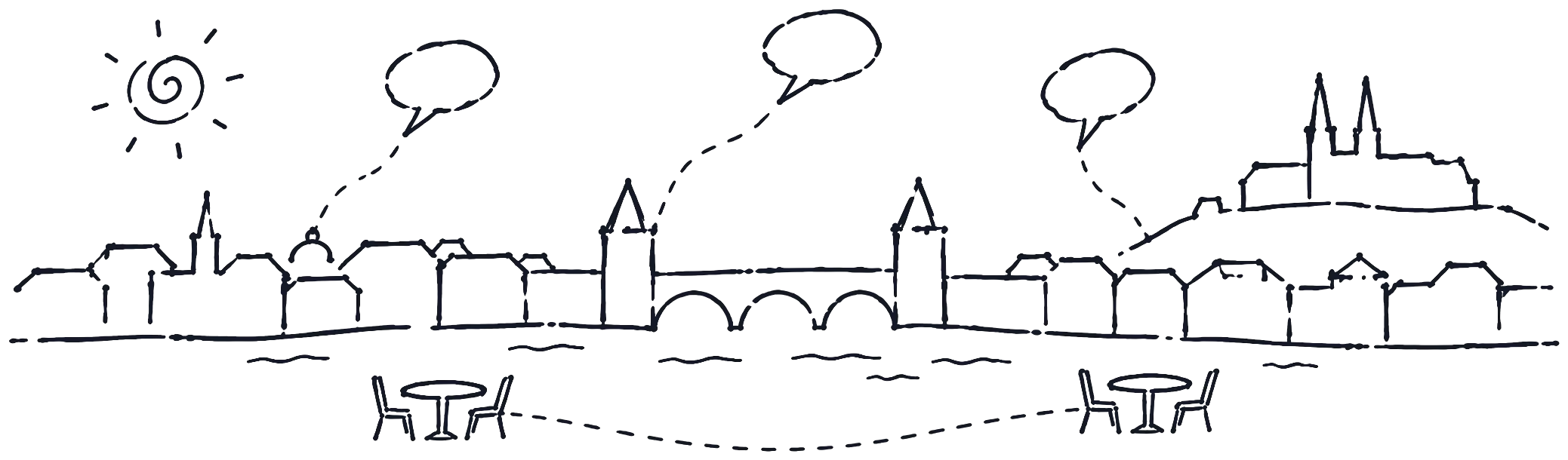 A drawing of Prague: rooftops, the bridge towers and the castle, two café tables and speech bubbles floating above