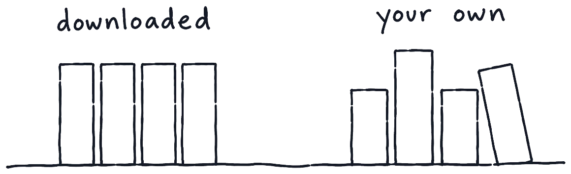 A drawing of a shelf: on the left four identical books marked downloaded, on the right mixed books marked your own, with a hand putting one more on the shelf.