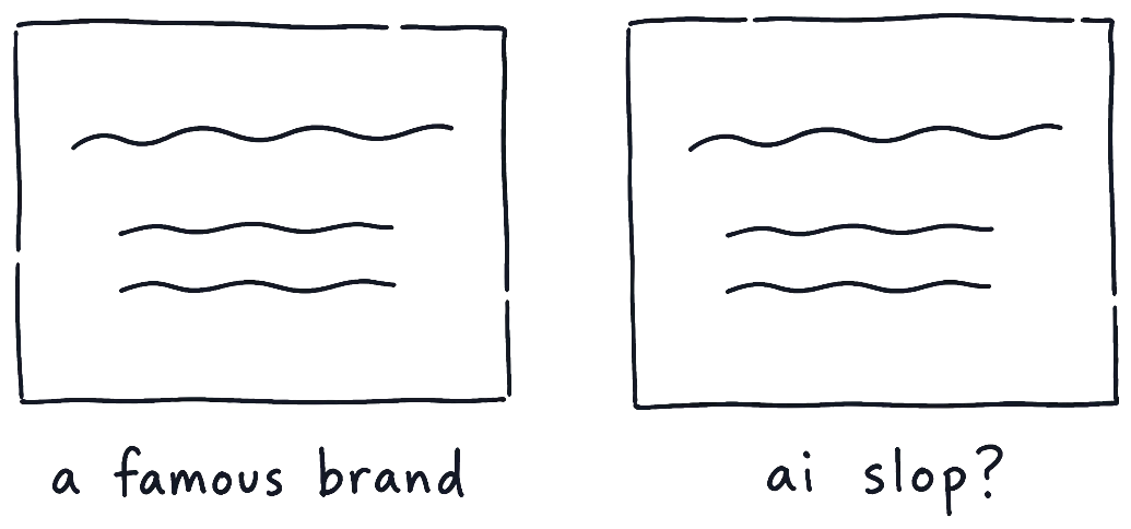 A drawing of the same simple page twice, a wavy headline and two lines of text, one labelled a famous brand and the other ai slop?